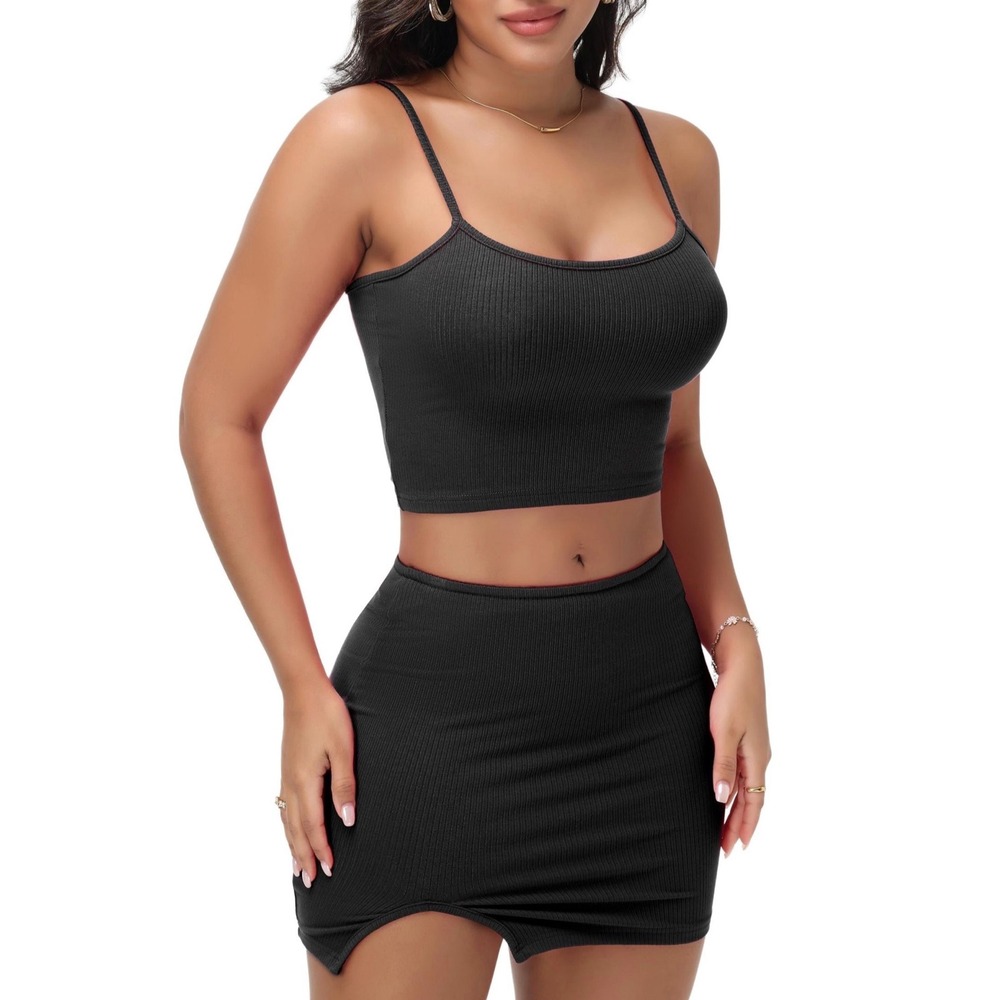 Y2K Women Black 2 Piece Ribbed Skirt Set Crop Top Mini Skirt Bodycon Outfit